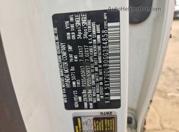 5XYZUDLB0GG364858 2016 HYUNDAI SANTA White Vista de la etiqueta del VIN