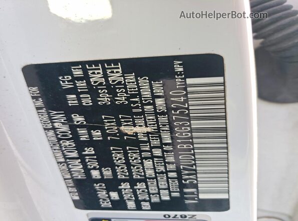 5XYZUDLB1GG375240 2016 HYUNDAI SANTA White VIN sticker view