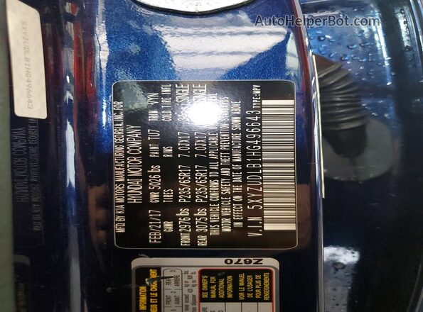 5XYZUDLB1HG496643 2017 HYUNDAI SANTA Blue VIN sticker view