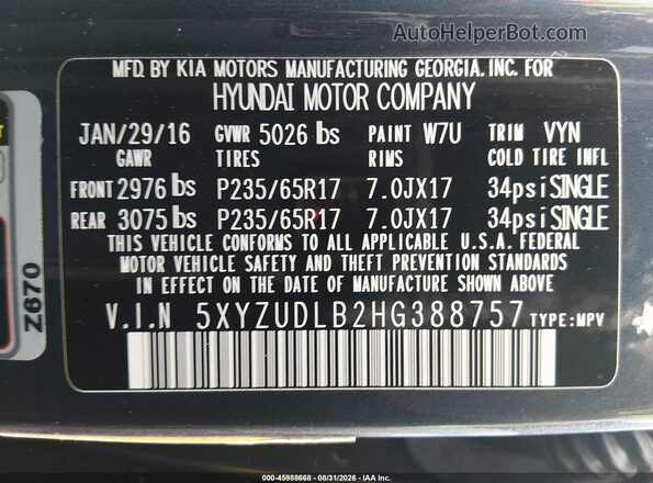 5XYZUDLB2HG388757 2017 HYUNDAI SANTA FE SPORT Blue ძრავის განყოფილების ხედი