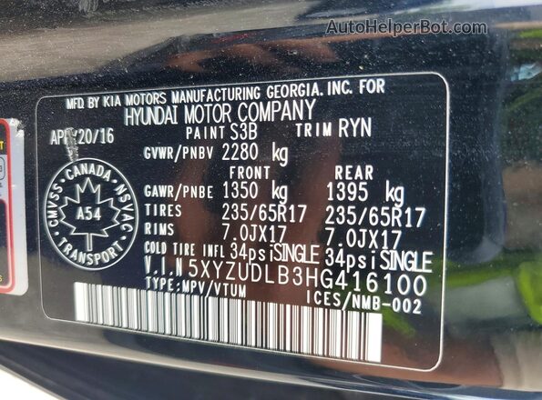 5XYZUDLB3HG416100 2017 HYUNDAI SANTA Черный Вид наклейки с VIN-кодом