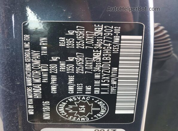 5XYZUDLB3HG477902 2017 HYUNDAI SANTA Gray Vista del compartimento del motor