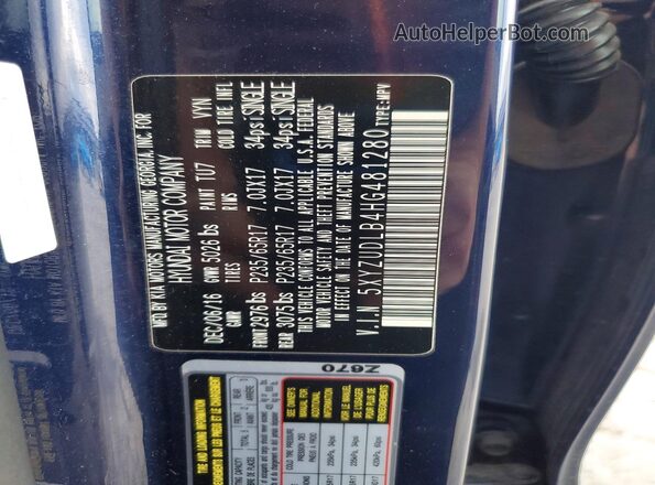 5XYZUDLB4HG481280 2017 HYUNDAI SANTA Blue VIN კოდის სტიკერის ხედი