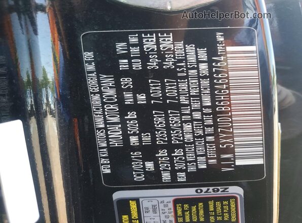 5XYZUDLB6HG466764 2017 HYUNDAI SANTA Black VIN კოდის სტიკერის ხედი
