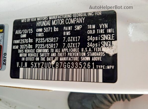 5XYZUDLB7GG335261 2016 HYUNDAI SANTA Unknown - Not Ok For Inv. VIN կոդի պիտակի տեսք