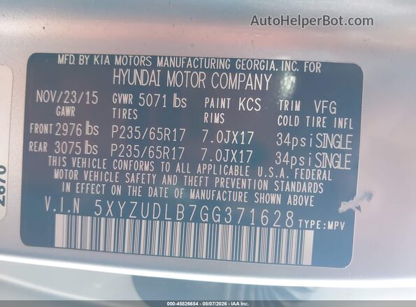 5XYZUDLB7GG371628 2016 HYUNDAI SANTA FE SPORT Серебряный Вид подкапотного пространства