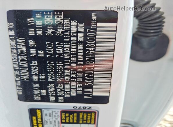 5XYZUDLB7HG480107 2017 HYUNDAI SANTA White VIN կոդի պիտակի տեսք