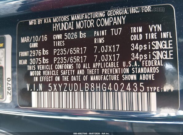 5XYZUDLB8HG402435 2017 HYUNDAI SANTA FE SPORT Blue Engine compartment view