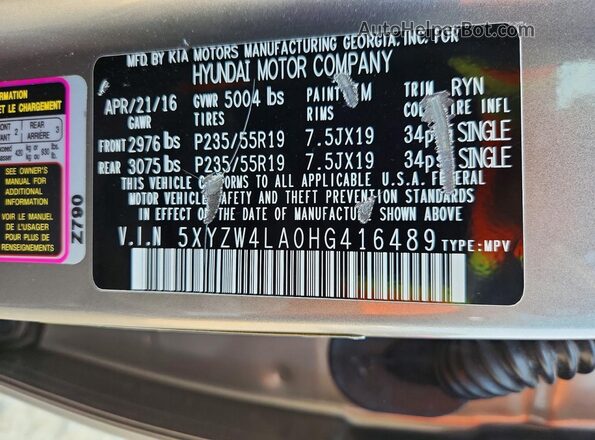 5XYZW4LA0HG416489 2017 HYUNDAI SANTA Beige Widok naklejki z numerem VIN