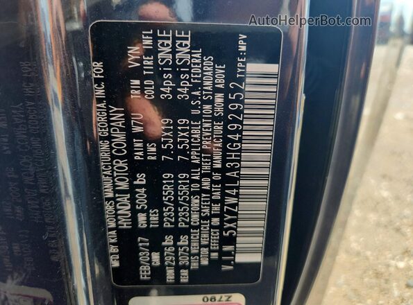 5XYZW4LA3HG492952 2017 HYUNDAI SANTA Blue 360 interior view
