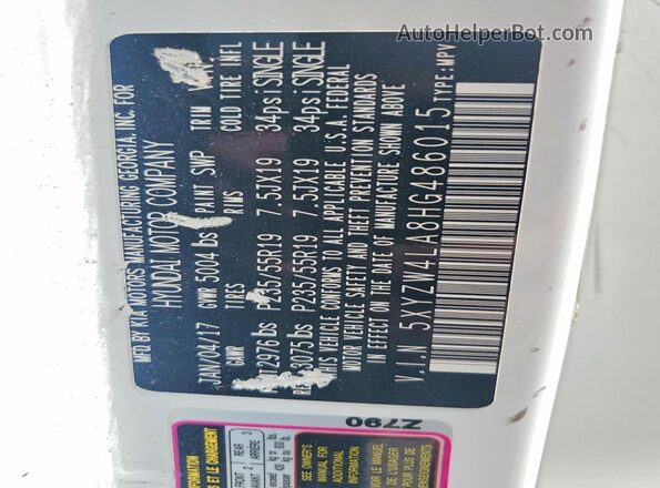 5XYZW4LA8HG486015 2017 HYUNDAI SANTA White VIN կոդի պիտակի տեսք