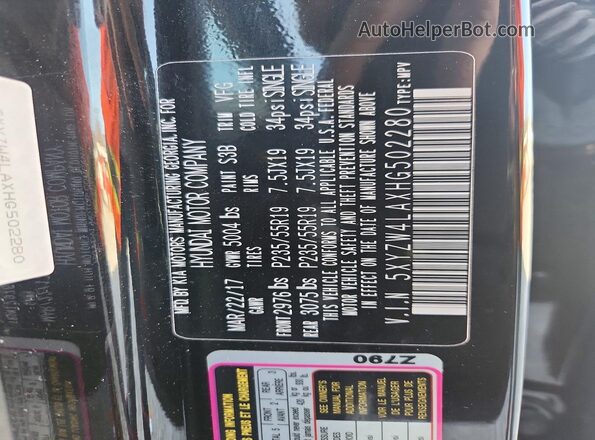 5XYZW4LAXHG502280 2017 HYUNDAI SANTA Black Vista de la etiqueta del VIN