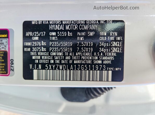 5XYZWDLA1JG511973 2018 HYUNDAI SANTA Белый Вид наклейки с VIN-кодом