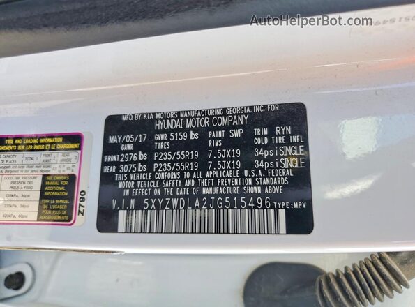 5XYZWDLA2JG515496 2018 HYUNDAI SANTA White Widok wnętrza 360 stopni