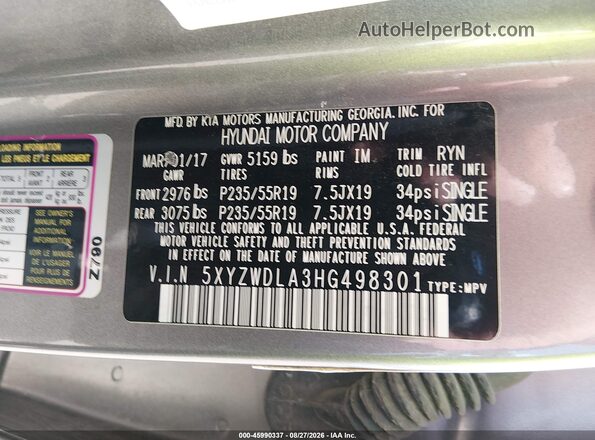 5XYZWDLA3HG498301 2017 HYUNDAI SANTA FE SPORT Gray ძრავის განყოფილების ხედი