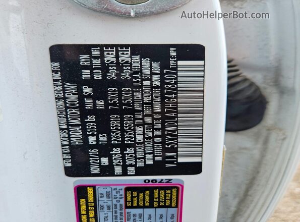 5XYZWDLA7HG478407 2017 HYUNDAI SANTA White Widok naklejki z numerem VIN