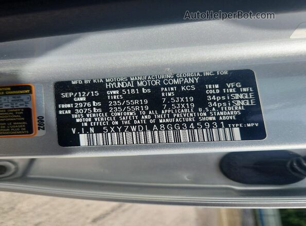 5XYZWDLA8GG345931 2016 HYUNDAI SANTA Silver Widok naklejki z numerem VIN