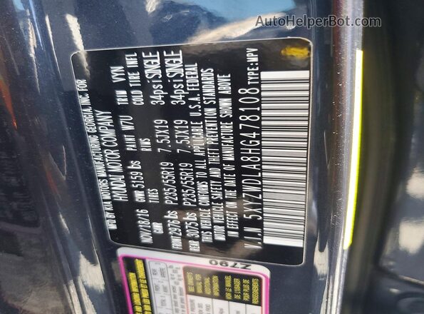 5XYZWDLA8HG478108 2017 HYUNDAI SANTA Charcoal Widok naklejki z numerem VIN