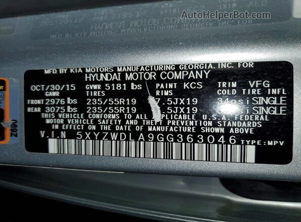 5XYZWDLA9GG363046 2016 HYUNDAI SANTA Silver 360 interior view