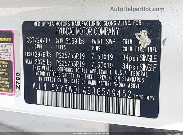 5XYZWDLA9JG549452 2018 HYUNDAI SANTA FE SPORT Белый Вид подкапотного пространства