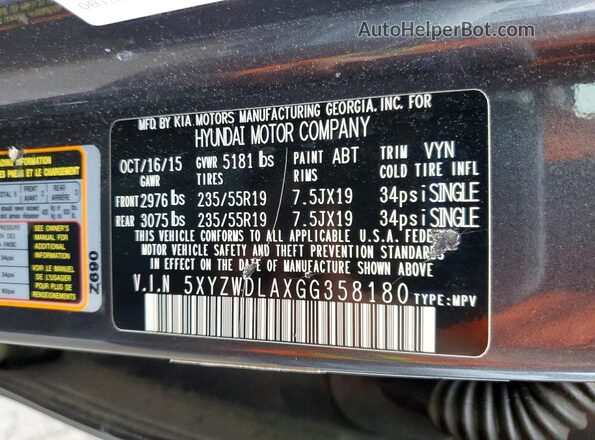 5XYZWDLAXGG358180 2016 HYUNDAI SANTA Charcoal VIN sticker view