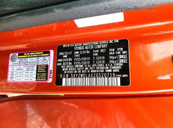 5XYZWDLAXJG520719 2018 HYUNDAI SANTA Orange Вид наклейки з VIN-кодом