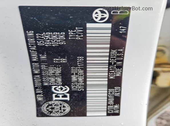 5YFB4MBE6NP117768 2022 TOYOTA COROLLA White Vista de la etiqueta del VIN