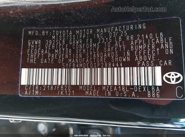 5YFB4MDE0SP288444 2025 TOYOTA COROLLA Black Widok komory silnika