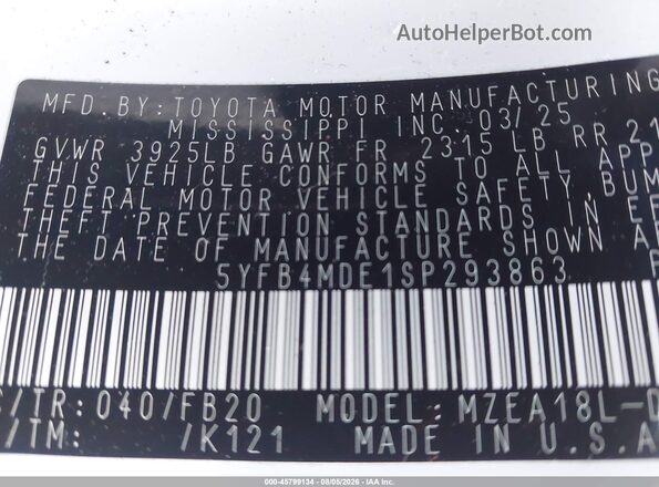 5YFB4MDE1SP293863 2025 TOYOTA COROLLA White Vista del compartimento del motor