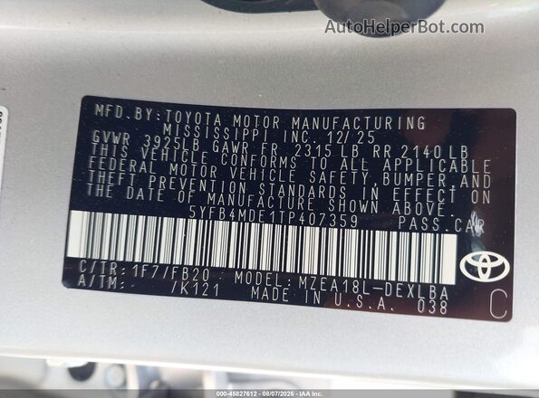 5YFB4MDE1TP407359 2026 TOYOTA COROLLA Gray Շարժիչի բաժամունքի տեսք