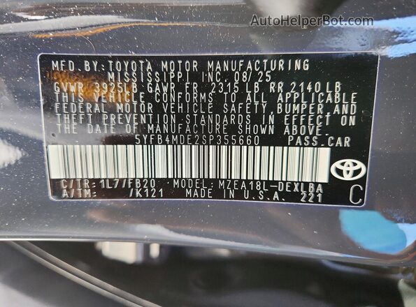 5YFB4MDE2SP355660 2025 TOYOTA COROLLA Gray Widok naklejki z numerem VIN