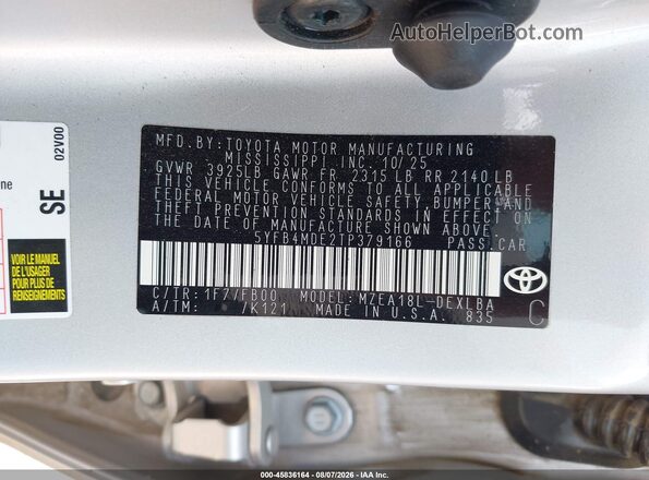 5YFB4MDE2TP379166 2026 TOYOTA COROLLA Silver Widok komory silnika