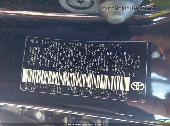 5YFB4MDE2TP438782 2026 TOYOTA COROLLA Черный Вид подкапотного пространства