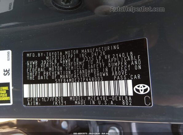 5YFB4MDE2TP448003 2026 TOYOTA COROLLA Blue Вид підкапотного простору