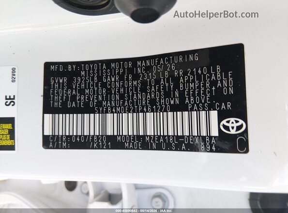 5YFB4MDE2TP461270 2026 TOYOTA COROLLA White Շարժիչի բաժամունքի տեսք