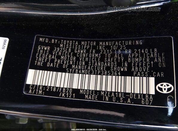 5YFB4MDE3TP385364 2026 TOYOTA COROLLA Черный Вид подкапотного пространства