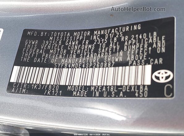 5YFB4MDE4SP260887 2025 TOYOTA COROLLA Синий Вид подкапотного пространства