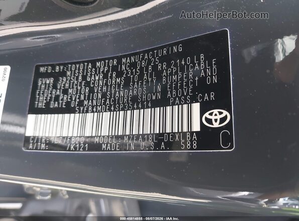 5YFB4MDE4SP354414 2025 TOYOTA COROLLA Gray Вид підкапотного простору