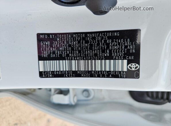 5YFB4MDE4TP370775 2026 TOYOTA COROLLA White ძრავის განყოფილების ხედი