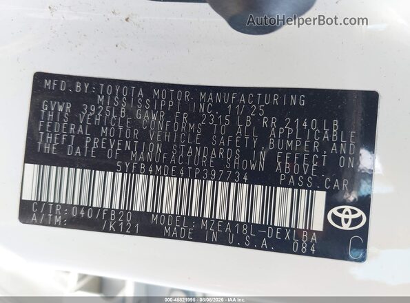 5YFB4MDE4TP397734 2026 TOYOTA COROLLA Белый Вид подкапотного пространства