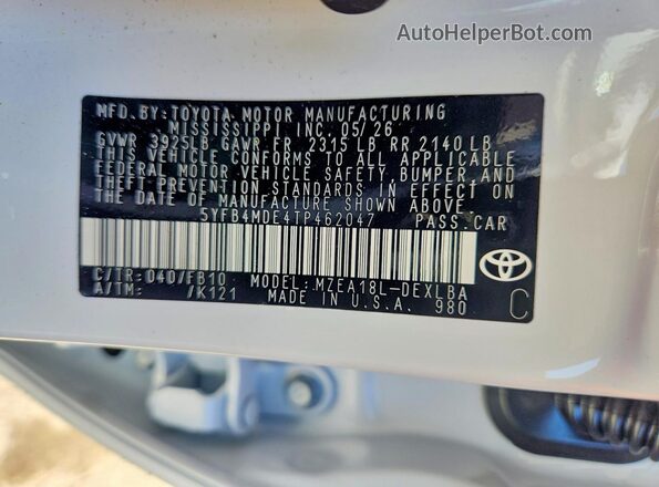 5YFB4MDE4TP462047 2026 TOYOTA COROLLA White Vista de la etiqueta del VIN