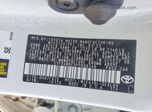 5YFB4MDE5PP008248 2023 TOYOTA COROLLA White Շարժիչի բաժամունքի տեսք