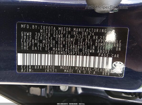 5YFB4MDE5RP210770 2024 TOYOTA COROLLA Синий Вид подкапотного пространства