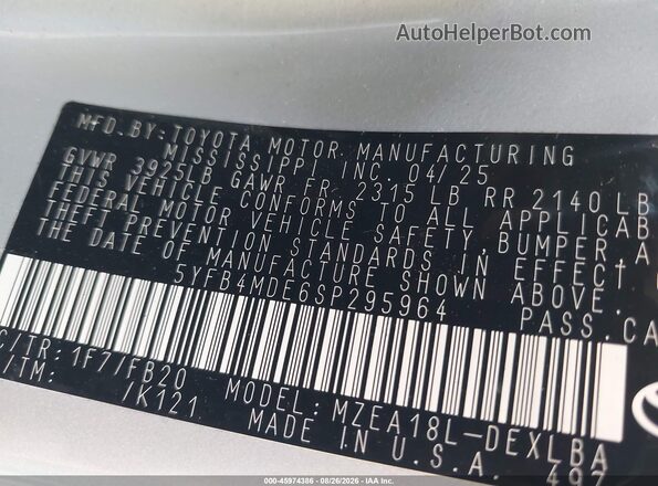5YFB4MDE6SP295964 2025 TOYOTA COROLLA Серебряный Вид подкапотного пространства