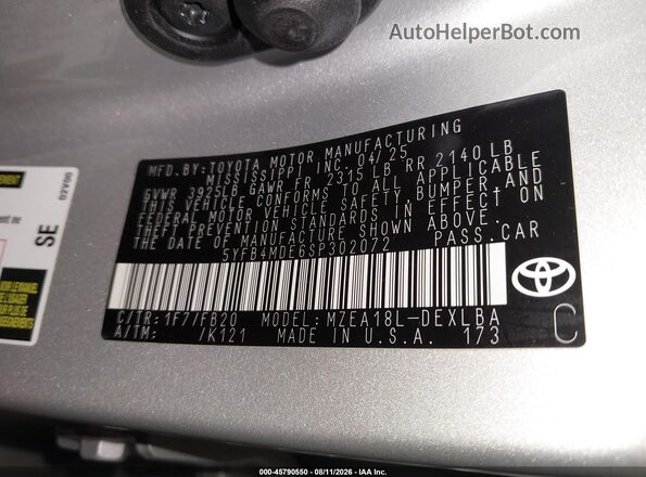 5YFB4MDE6SP302072 2025 TOYOTA COROLLA Silver ძრავის განყოფილების ხედი