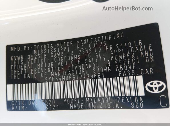 5YFB4MDE6TP439661 2026 TOYOTA COROLLA White Vista del compartimento del motor