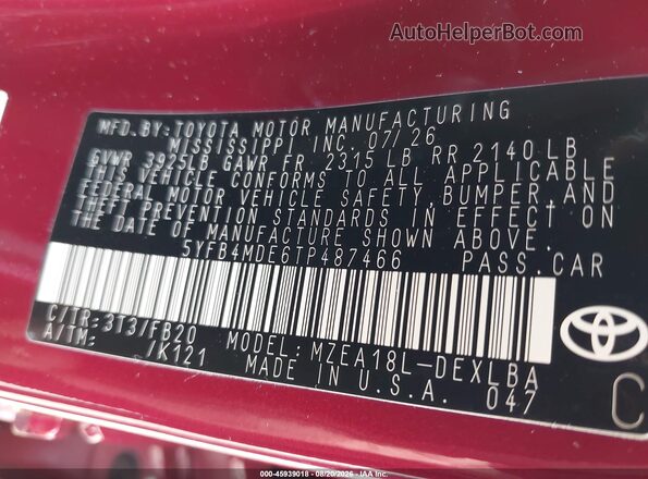 5YFB4MDE6TP487466 2026 TOYOTA COROLLA Red Widok komory silnika