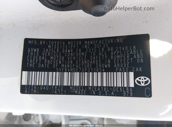 5YFB4MDE7SP311654 2025 TOYOTA COROLLA Белый Вид подкапотного пространства