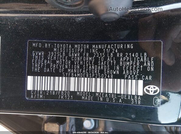 5YFB4MDE8SP250248 2025 TOYOTA COROLLA Серый Вид подкапотного пространства