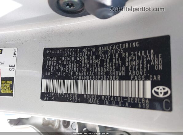 5YFB4MDE8SP267969 2025 TOYOTA COROLLA Silver Вид підкапотного простору